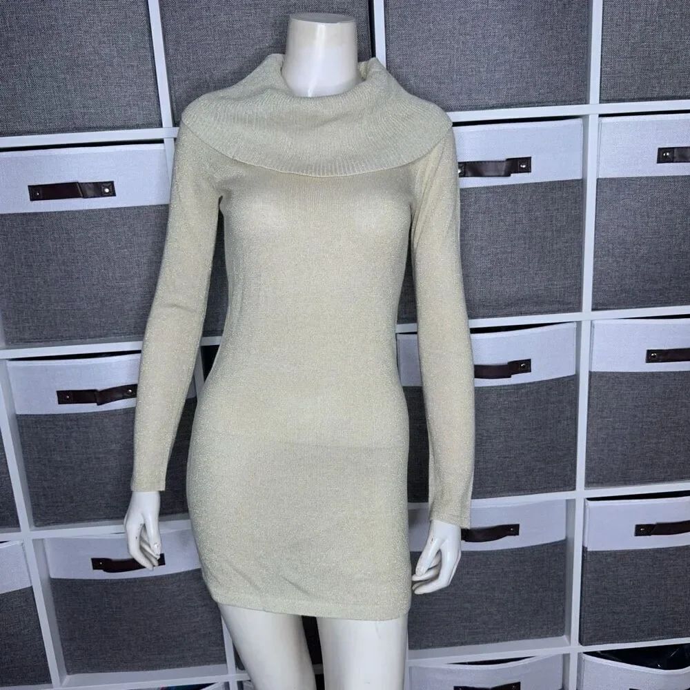 Energie Juniors' Metallic Cowl-Neck Sweater Dress Cream & Gold Size Small